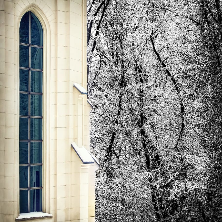 window, winter, church, chapel, snow, ice, cold, wintry, snowy, frost