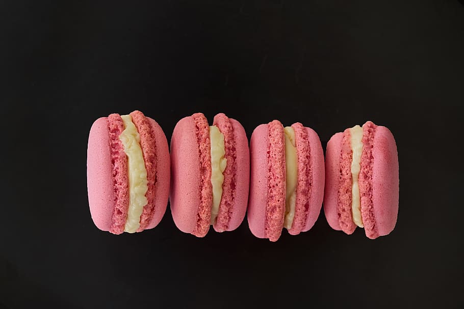 four french macaroons, macarons, dessert, french cuisine, sweets, gourmet, pink, white, plated, glazed