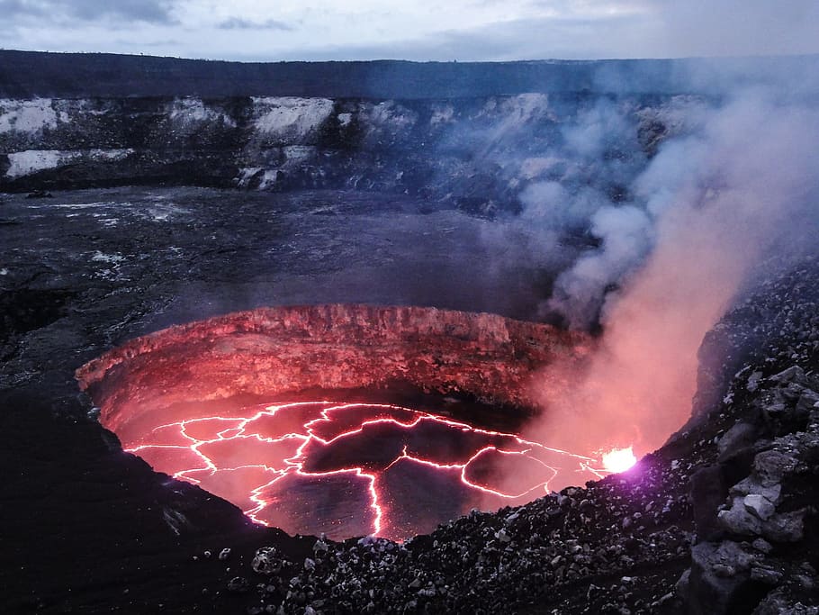 foto, gunung berapi Hawaii, nasional, taman, lelehan, gunung berapi, lava, malam, bersinar, panas