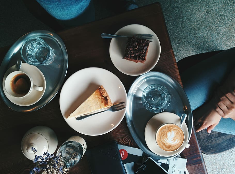 café, pastel, agradable, situación, capuchino, bebida, café exprés, vista superior, taza, café - bebida