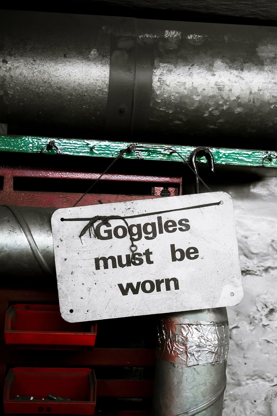 machine, googles, must, worn, tag, metal, caution, sign, outdoor, text