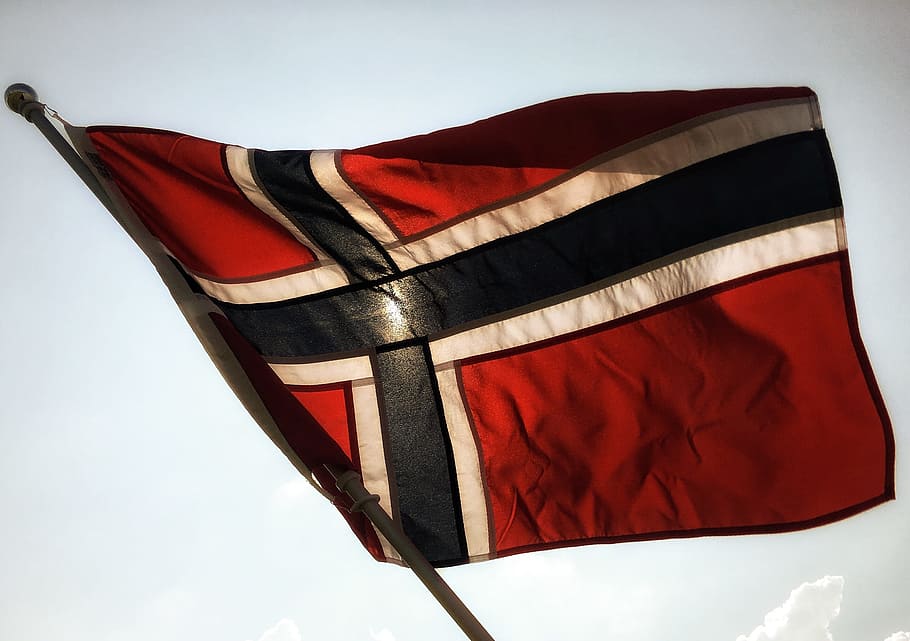 the norwegian flag, flies, flag lever, flag, nordic, norway, symbol, red, wind, sky