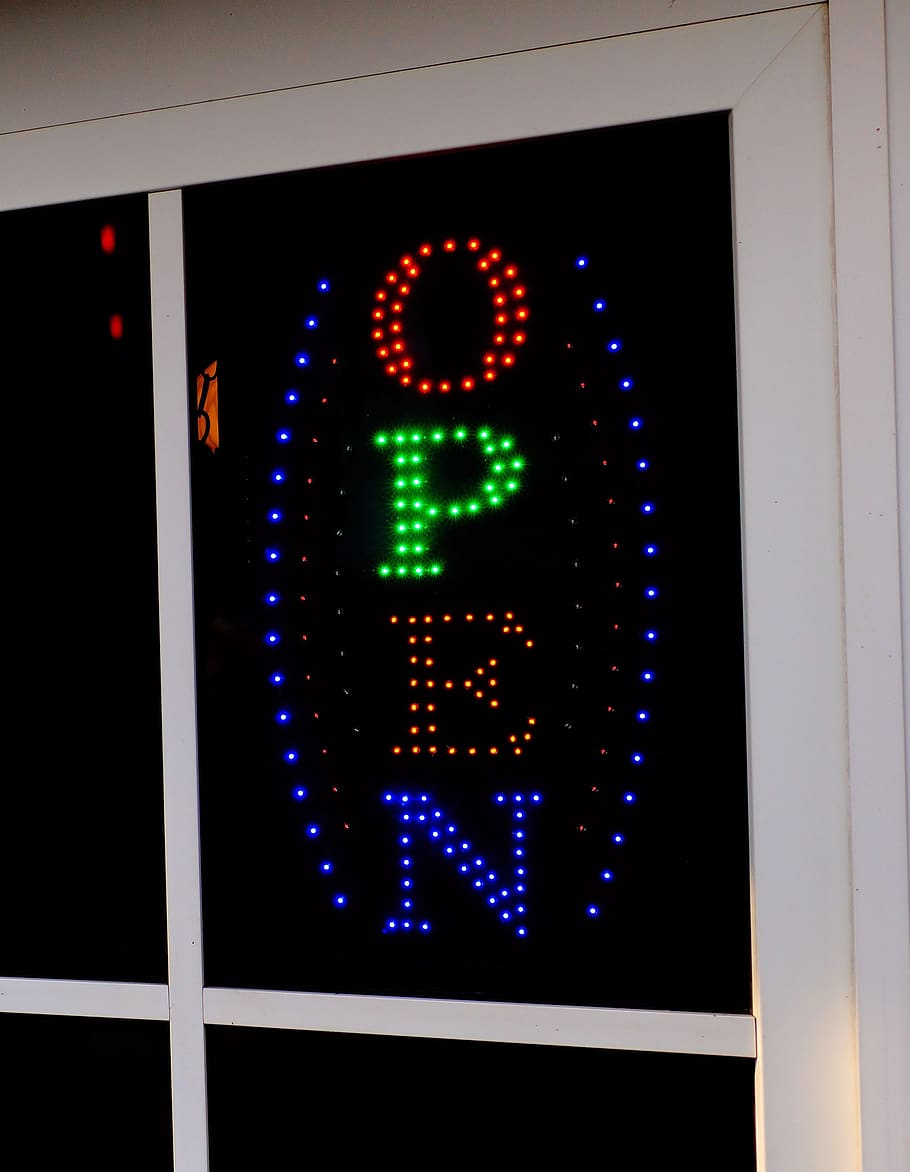 pizzeria, open, neon sign, note, opening hours, lettering, neon, neon light, signage, illuminated