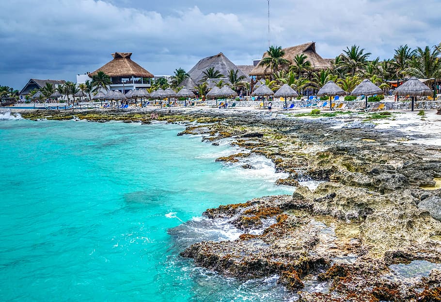 costa maya, méxico, praia, arquitetura, cabanas, pessoas, caraíbas, azul, água, férias