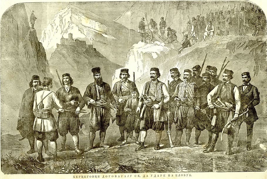 hajduks, rebeldes, pasado, historia, uniforme, serbio, 1700, grupo de personas, hombres, arquitectura