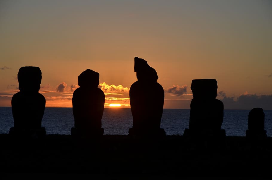 sunset, moai, easter island, chile, polynesia, silhouette, sky, orange color, real people, water