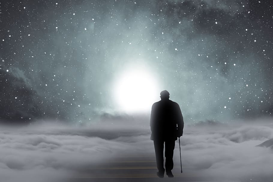 hombre, tenencia, caminar, bastón, nubes ilustración, decir adiós, anciano, lejos, escaleras, gradualmente
