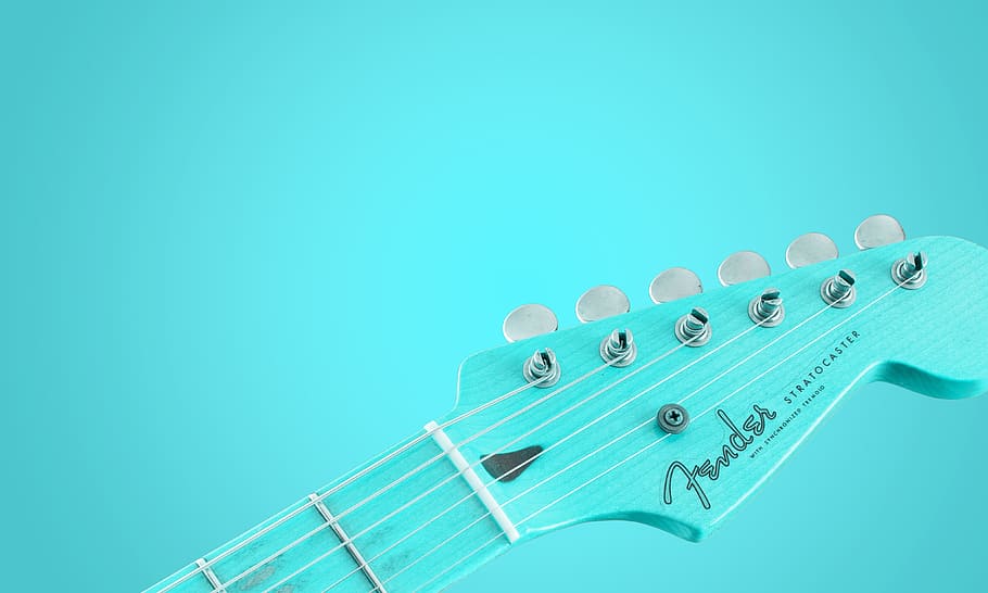 teal fender guitar headstock, musical background, guitar, music background, equipment, instrument, music, design, background, studio shot