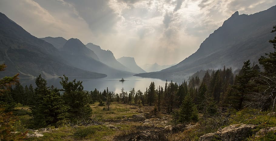 trees, clear, sky, landscape, panorama, scenic, clouds, lake, mountains, foggy