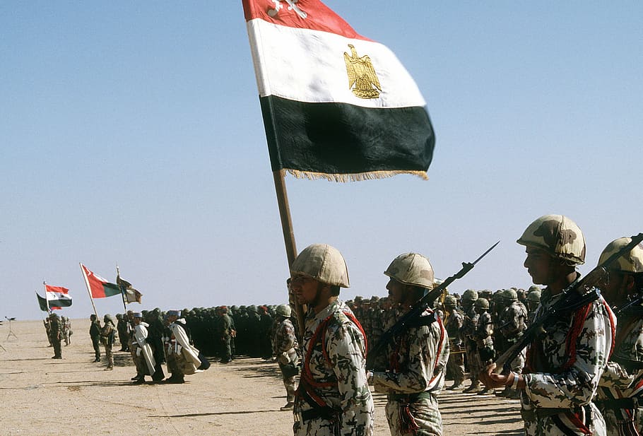 Tropas de la coalición, Egipto, Siria, Omán, Francia, Kuwait, Operación Tormenta del Desierto, coalición, D0302, bandera