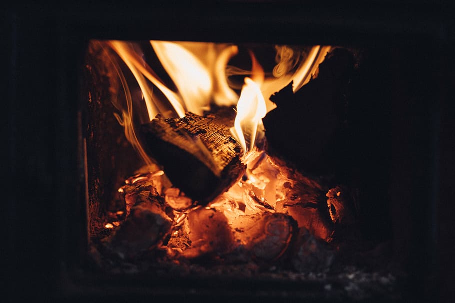 close-up photo, brown, firewood, fire, old, stove, hot, flame, fire - Natural Phenomenon, heat - Temperature