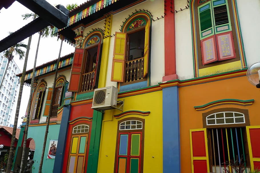 Singapore, Arab Street, Little India, house, facade, architecture, asia, window, door, city