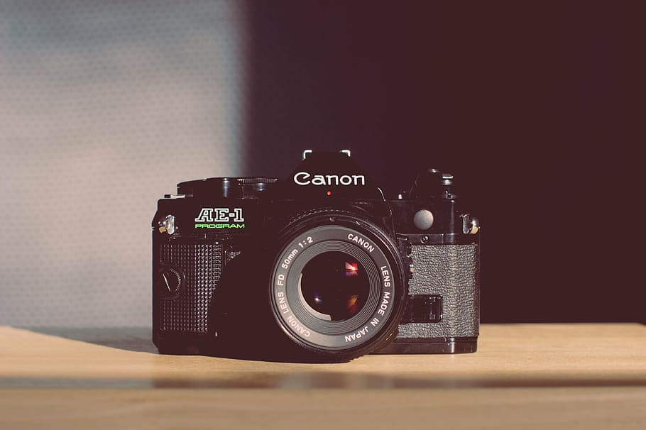 black, canon camera, top, brown, wooden, surface, canon, lens, photography, photographer
