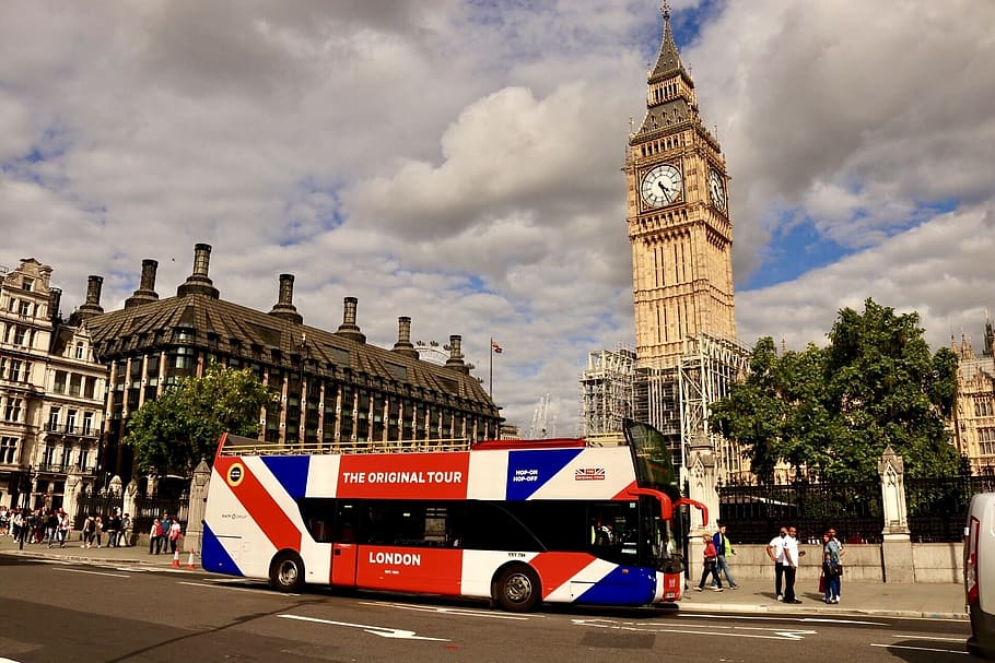 ロンドン, ビッグベン, バス, 2階建てバス, ユニオンジャック, ユニオンフラグ, 英国, イギリス, ウェストミンスター, 交通手段