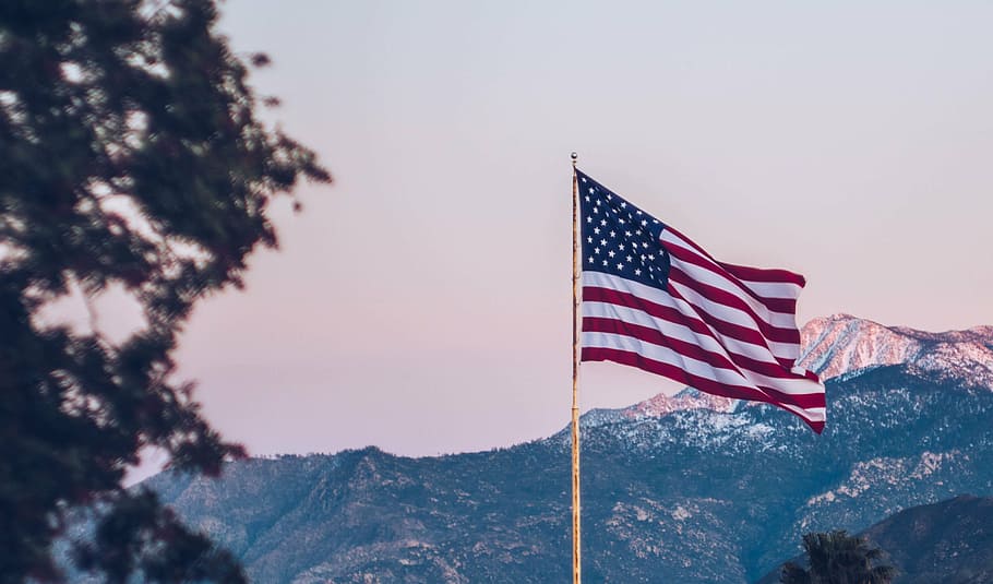 アメリカの旗, ポール, 全体, 山, 自然, 風景, 旗, 主権, 民主主義, アメリカ合衆国