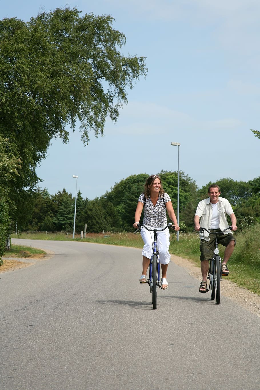 Couple, Cyclists, Bicycles, Ride, summer, road, family, together, woman and man, two people