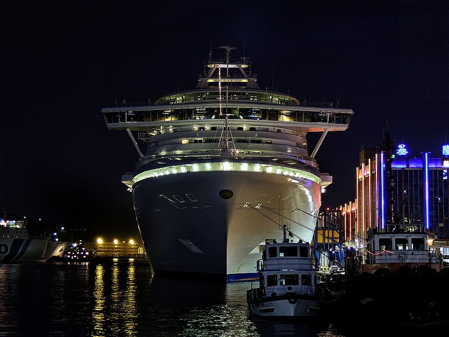 Berth, cruise, ship, parked, building, nighttime, night, illuminated, built structure, building exterior