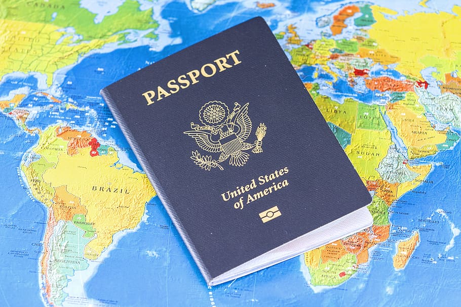 Estados Unidos, pasaporte de América, parte superior, mapa mundial, pasaporte, bandera, viaje, visa, identificación, americano