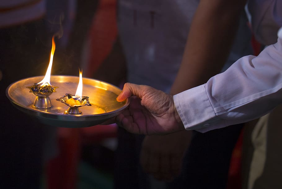 puja, pooja, aarti, hindú, festival, llama, quema, fuego, mano, vela