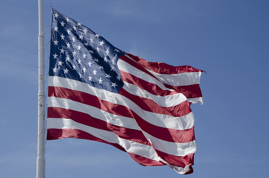 flag of usa, flag, waving, american, usa, american flag waving, wind, patriotism, sky, striped