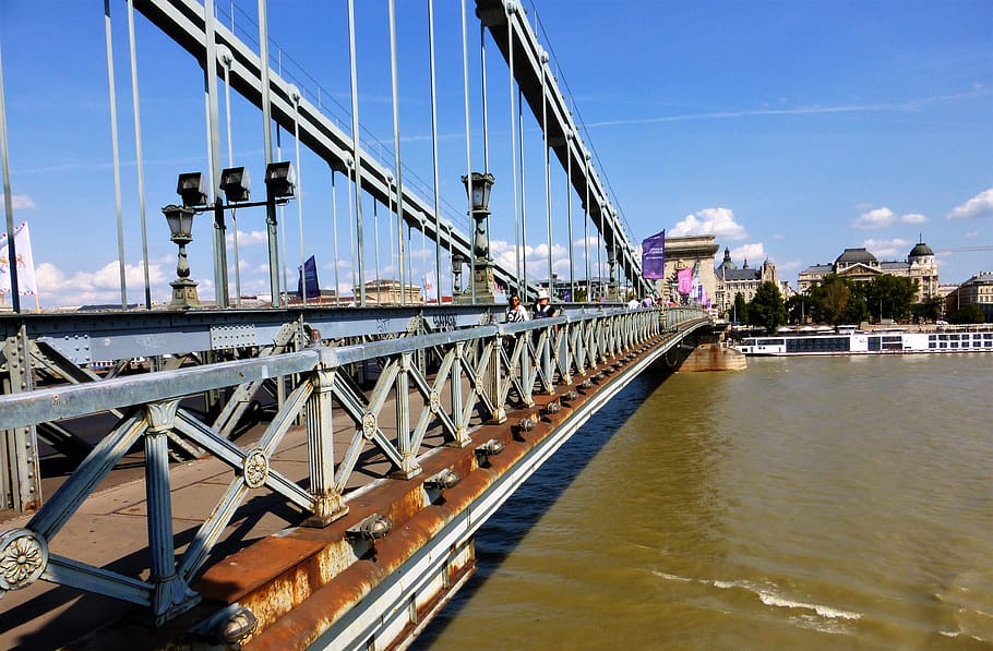 bridge, hungary, budapest, body of water, river, travel, sky, architecture, steel, string