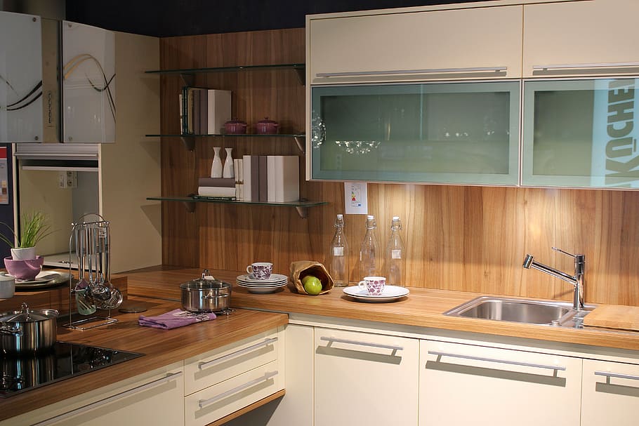 utensílios de cozinha, topo, de madeira, armário, cozinha, decoração, equipamento de cozinha, doméstica Cozinha, moderna, interior de casa
