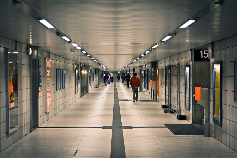 people, walking, subway, architecture, gang, building, inner hallway, light, hell, passage