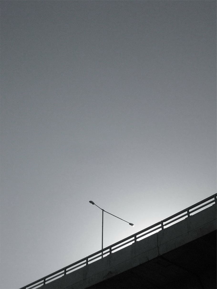 gray, concrete, bridge, cloudy, sky, black, steel, light, post, overpass