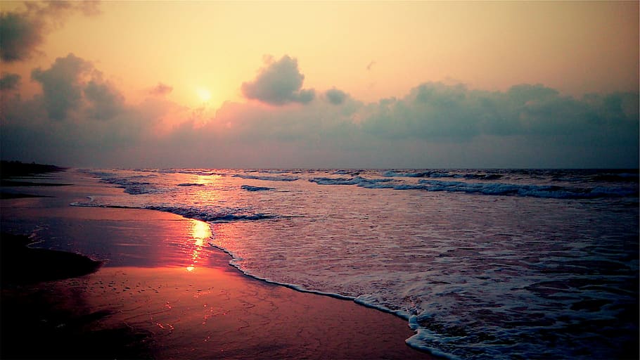穏やかな, 海, 夕日, 写真, ビュー, 日の出, ビーチ, 夜明け, 波, 砂