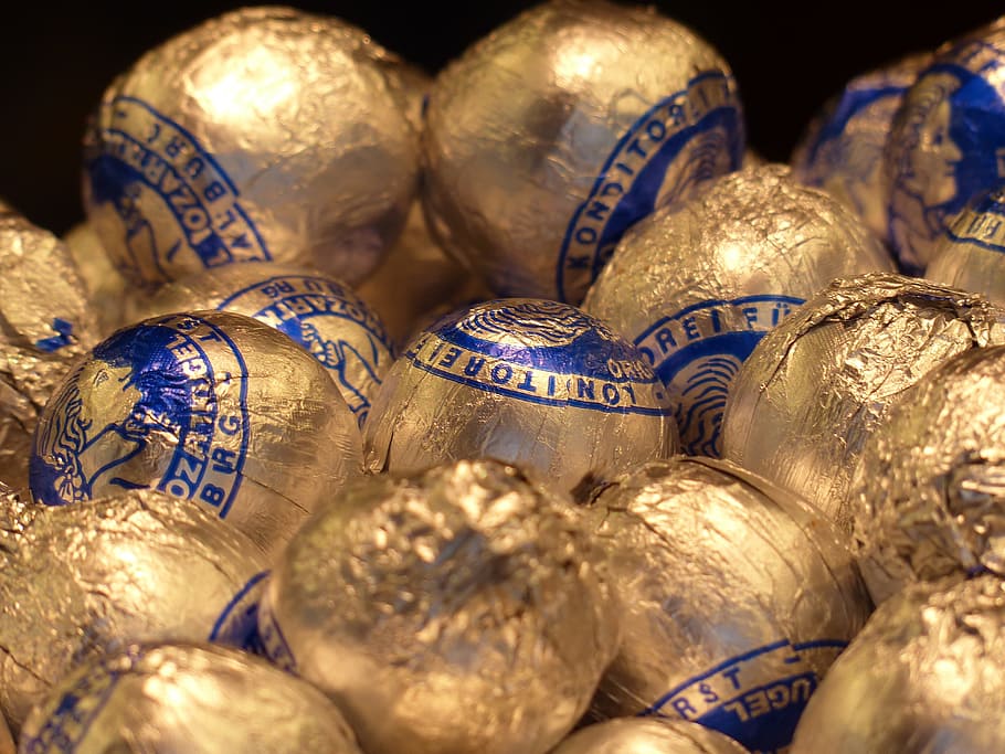 silver, blue, chocolate wrappers, mozartkugeln, chocolates, sweetness, chocolate, shine, packed, golden