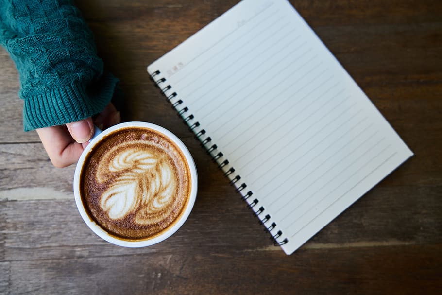 person, holding, white, mug, coffee, notebook, blue, beverage, cup, coffee cup