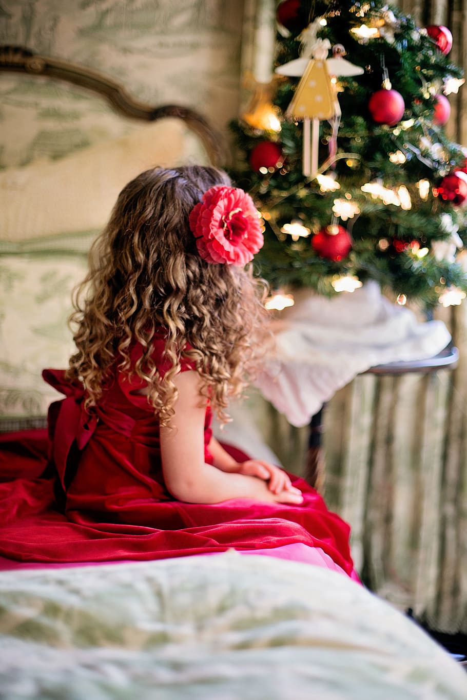 女の子, 身に着けている, 赤, ノースリーブドレス, 子供, クリスマスの女の子, クリスマス, 休日, 季節, 肖像画