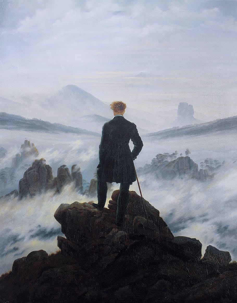 hombre, en pie, montaña, cubierto, niebla, durante el día, pintura, autorretrato, vagabundo sobre el mar de niebla, Caspar David Friedrich