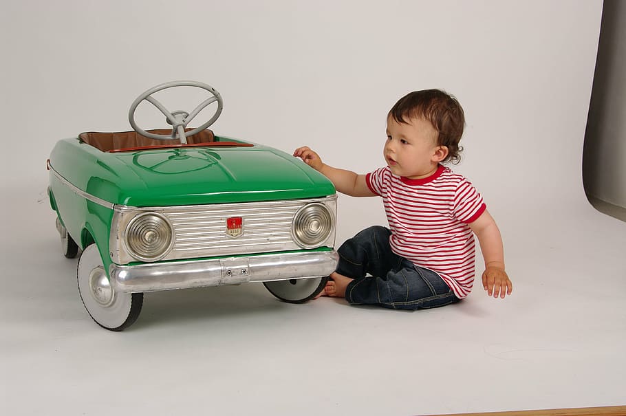 toddler, red, white, striped, shirt, next, teal ride-on vehicle, child, toy, children's car