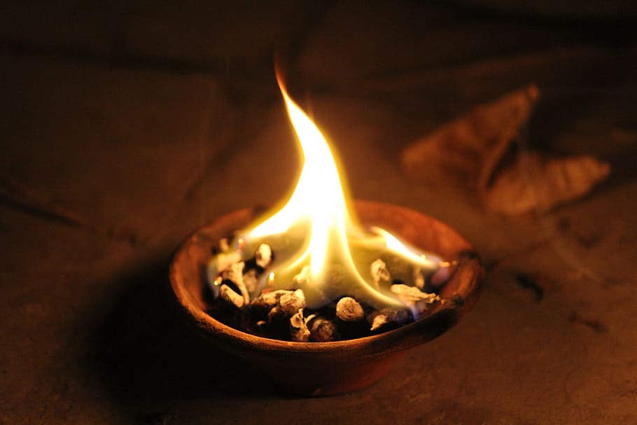 close-up photo, brown, bowl, fire, diya, light, flame, ignite, burning diya, celebration