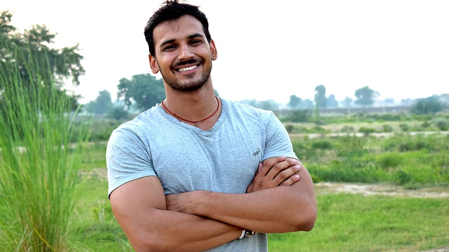 man, standing, grass, smiling, head, pose, smile, style, young, posing