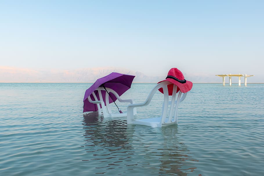 dead sea, chairs, horizon, water, sky, sea, beach, blue, travel, vacation
