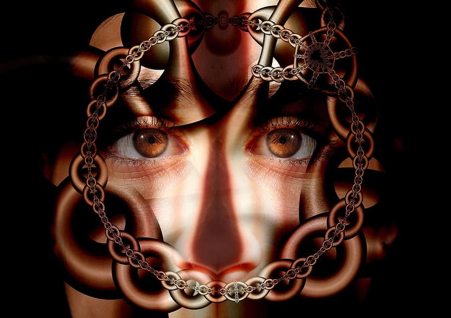 closeup, man, face, chains, caught, psyche, patient, eyes, suffering, psychiatry