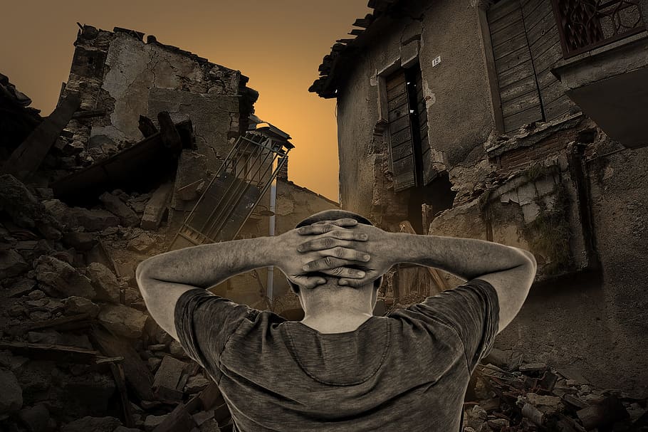 man, wearing, gray, shirt, standing, house, digital, wallpaper, destroyed houses, destruction
