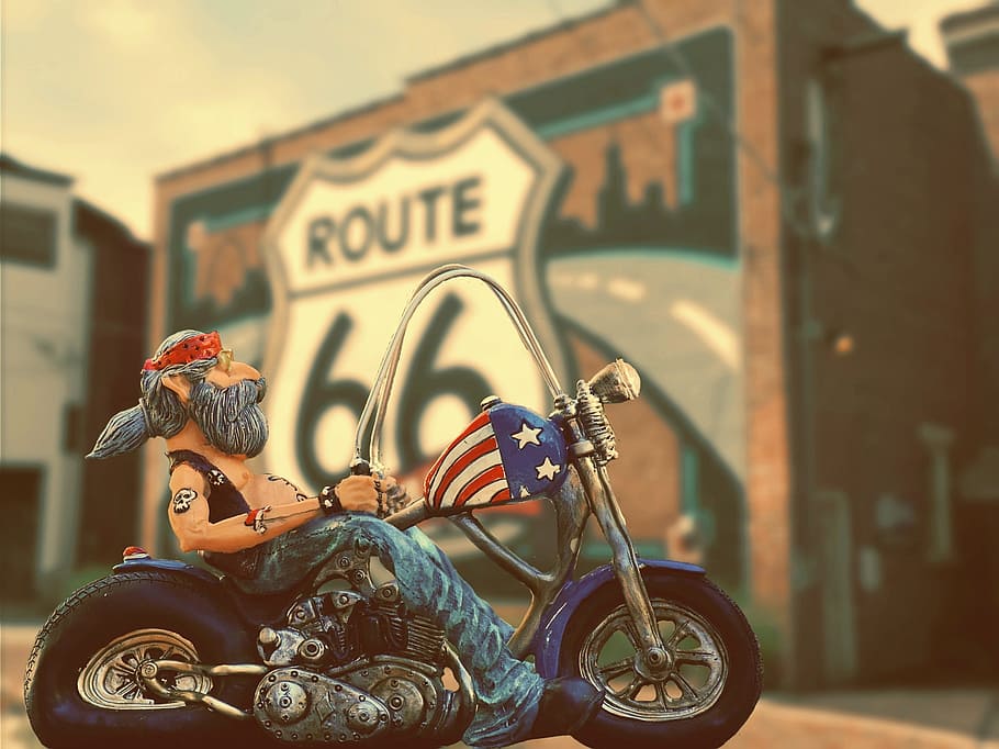 man, sitting, cruiser motorcycle, miniature, biker, route 66, dom, usa, california, desert