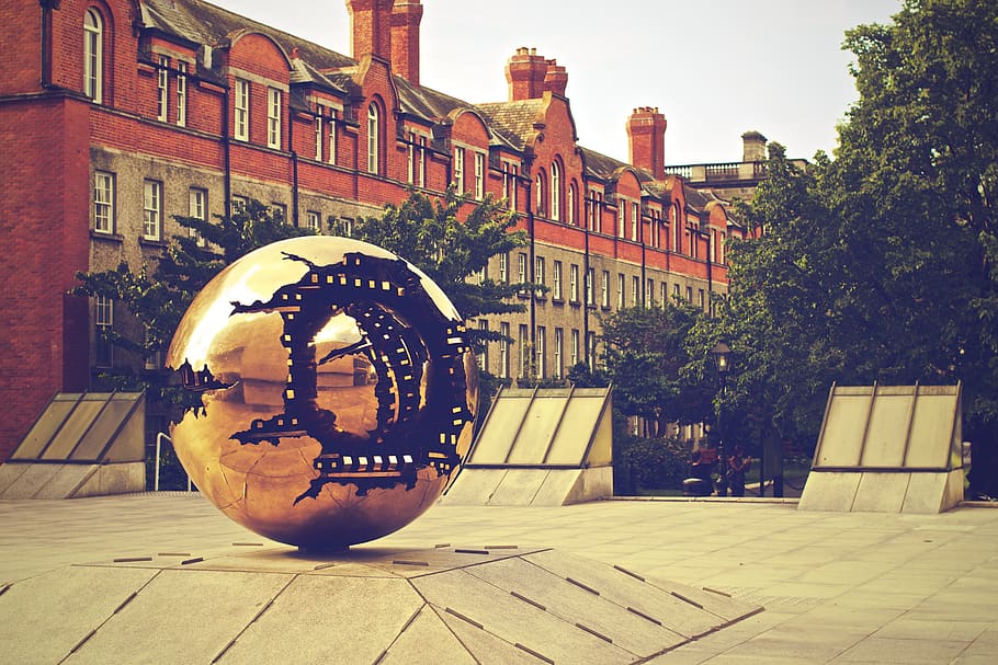 Trinity College, campus, Dublin, escola, ouro, esfera, arte, edifícios, arquitetura, classe