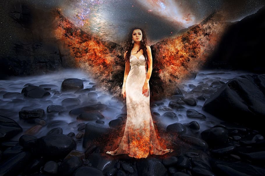 woman, wearing, white, dress, brown, wings, digital, wallpaper, world end, angel