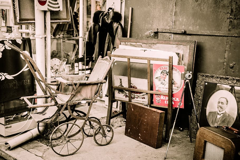 brown, stroller, wooden, attache case, flea market, old, junk, nostalgia, vintage, images