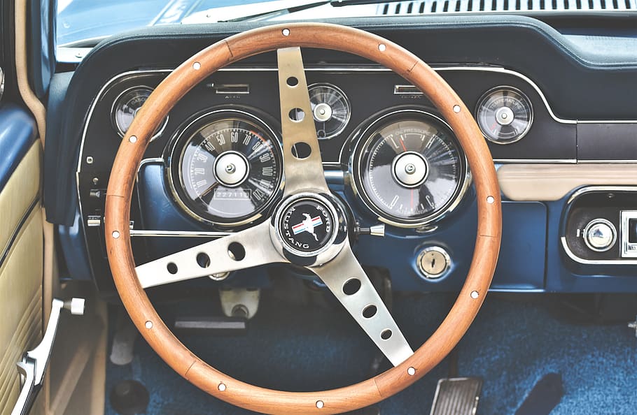 ford mustang, steering wheel, tachometer, oldtimer, dashboard, armature, classic, auto, automotive, ad