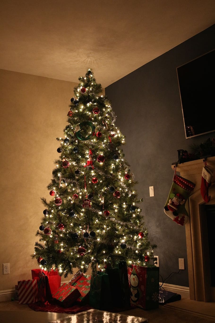 verde, árbol de navidad, iluminado, pared, navidad, árbol, mágico, fiesta, invierno, decoración