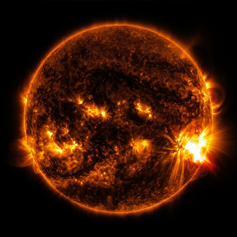 Ilustración de sol, erupción solar, sol, erupción, energía, bola de fuego, naranja, luz solar, quema, gas