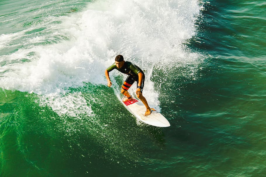 male, surfer, white, surfboard, riding, tidal, wave, action, adult, adventure