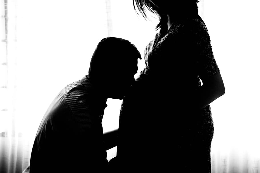 silhouette photo, man, kissing, belly, woman, pregnant, maternity, unborn, person, pregnancy