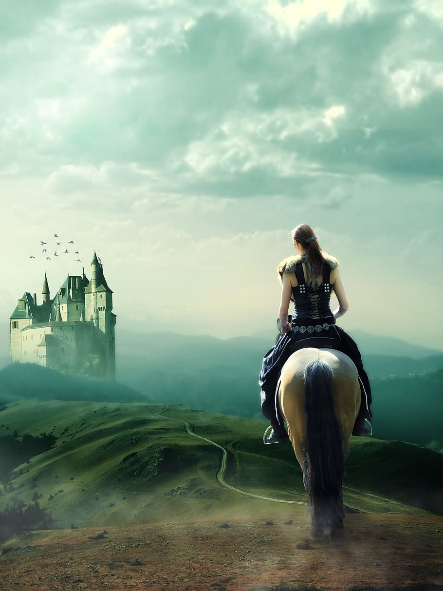 photoshop, horse, road, the way, horsewoman, sky, castle, fantasy, landscape, fortress