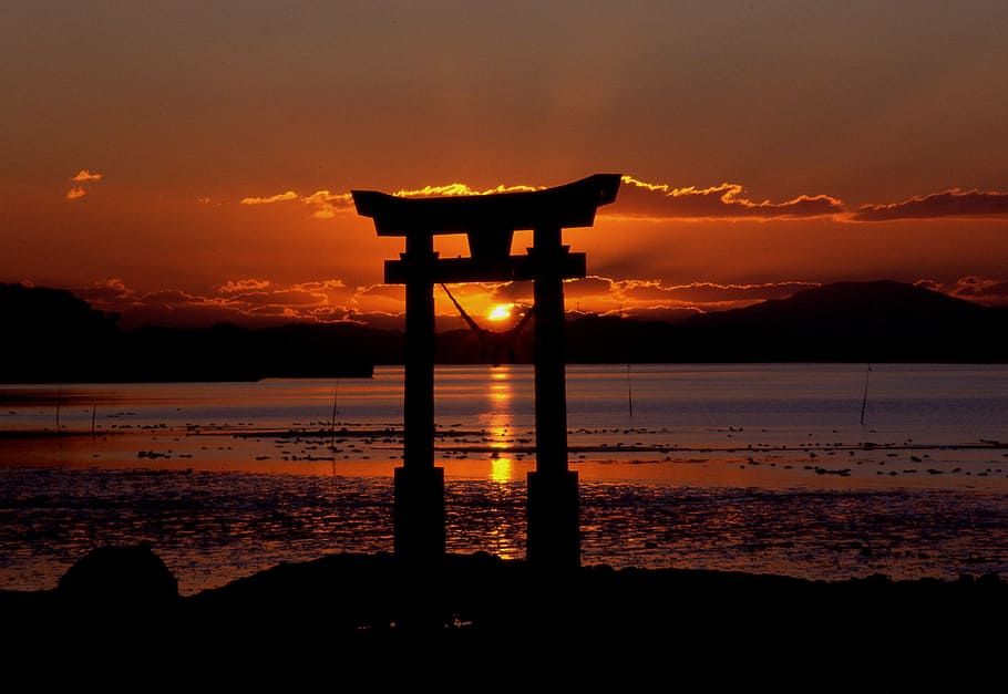 Santuário de Nagao, Pôr do sol, Nagao, Santuário, Japão, foto, marco, paisagem, domínio público, religião